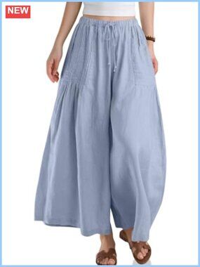 Linen Wide Leg Palazzo Pants with Pockets for Women Casual Boho
